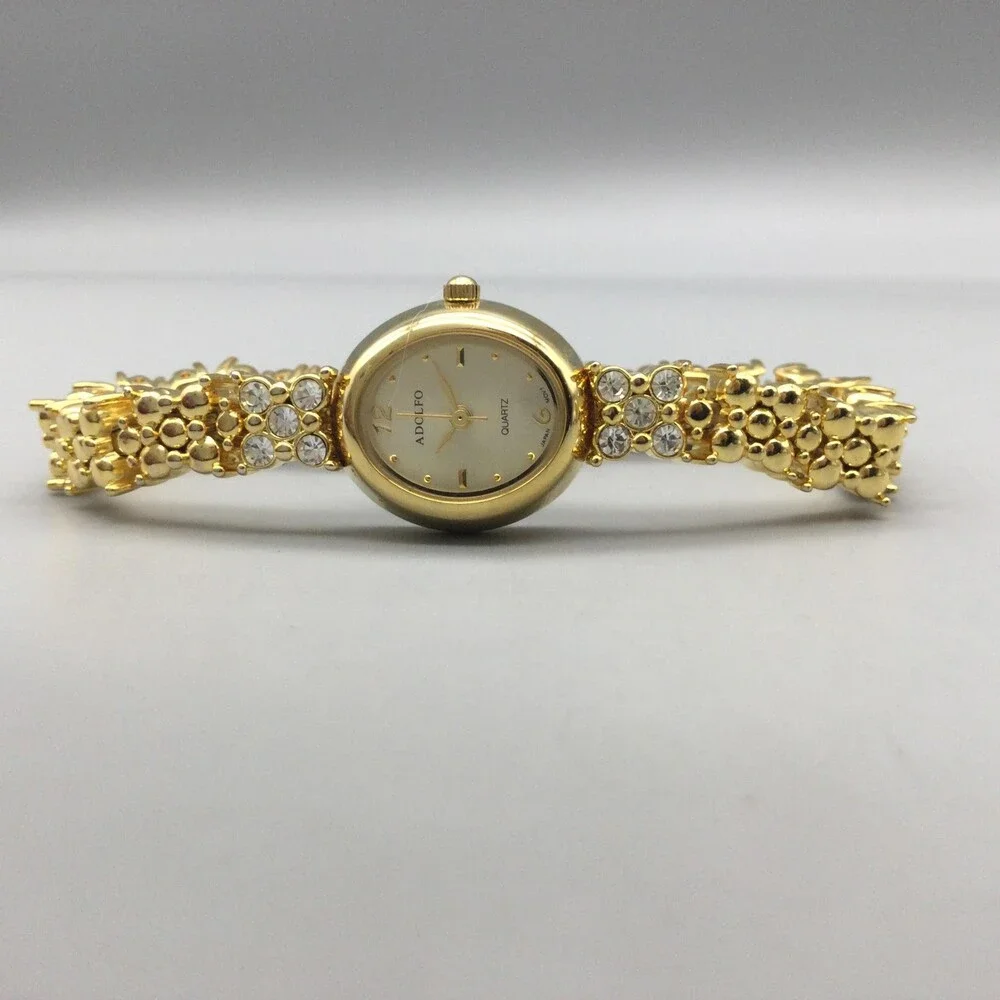 Adolfo Womens Watch 17mm Ovall Gold Tone Crystal Bracelet New Battery 6.5